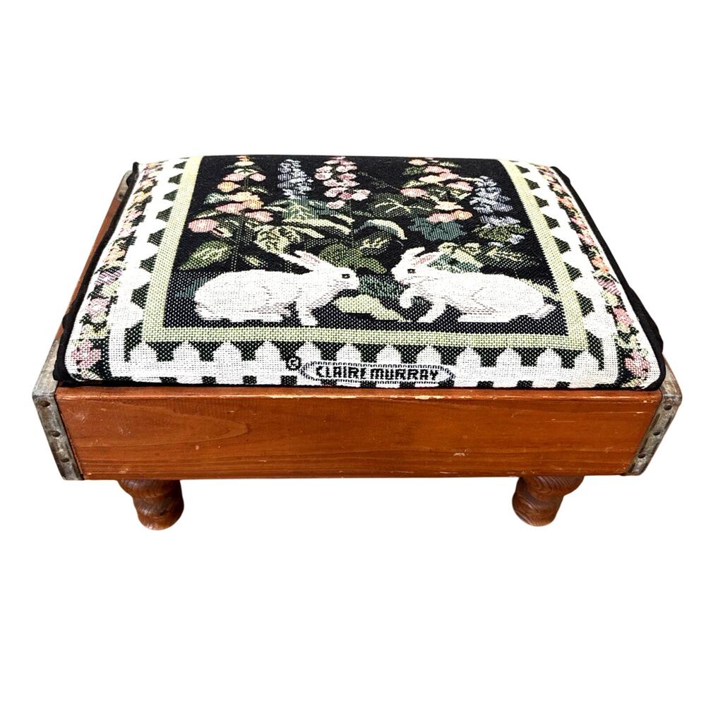 Vintage Claire Murray Needlepoint Footstool Rabbit Floral Tapestry 18.5"